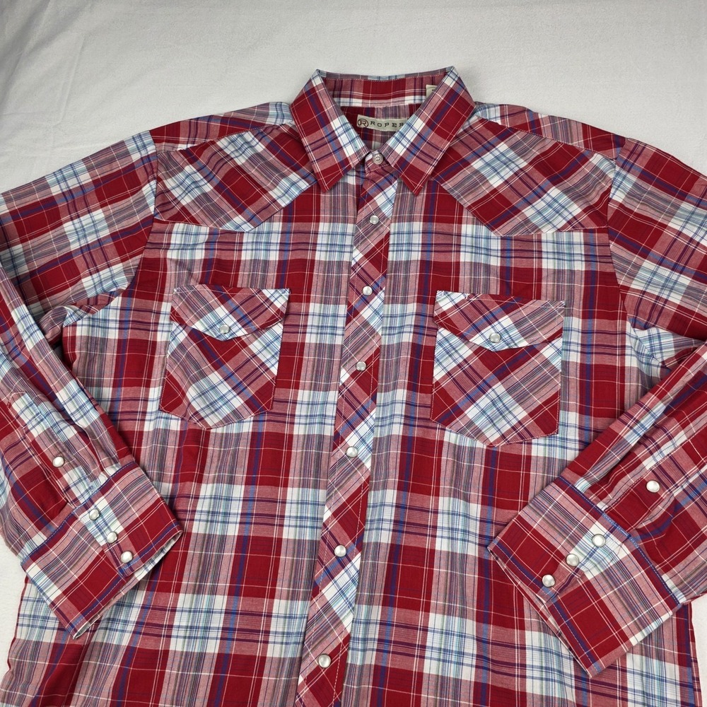 Roper Western Shirt Mens XL Pearl Snap Plaid Red Long Sleeve Cowboy Ranchwear